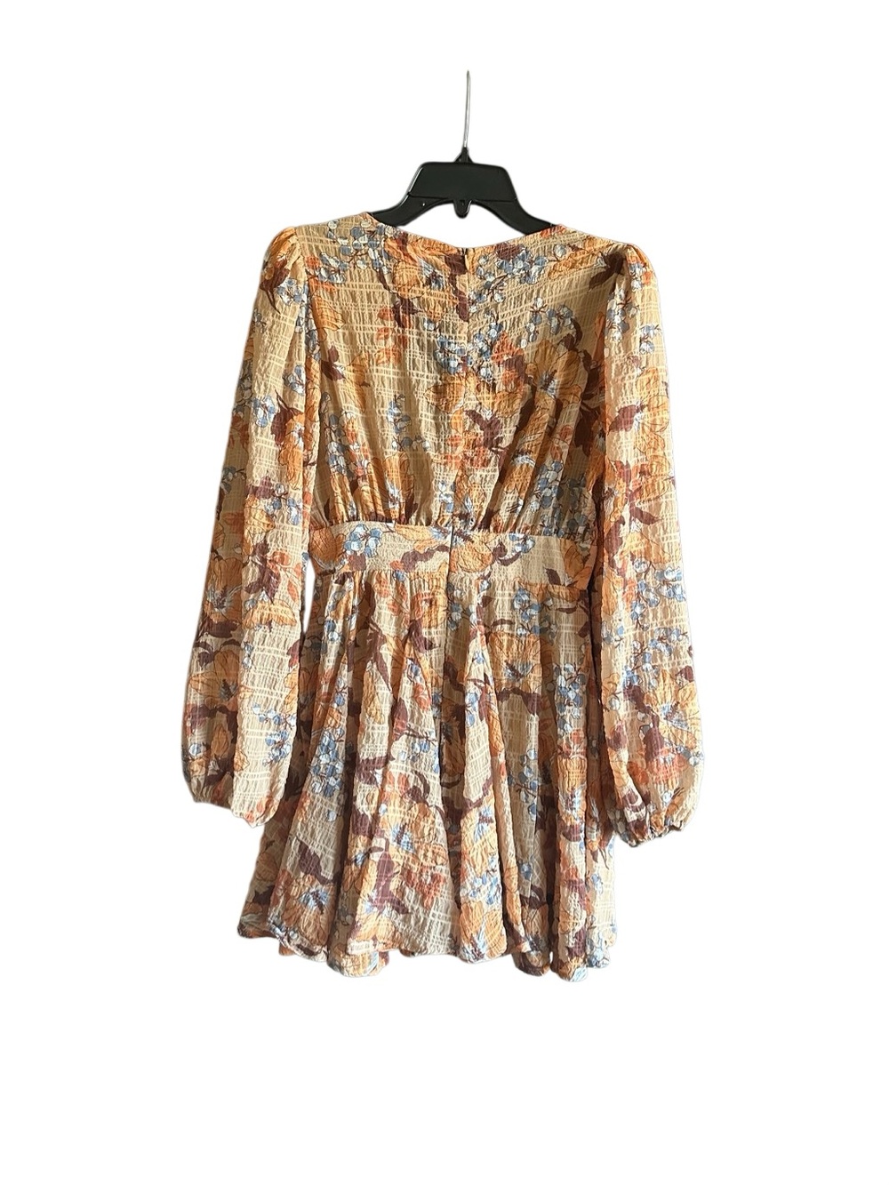 Flying Tomato Beige Floral V-Neck Puff Long Sleeve Mini Dress Zip Size Medium - Picture 8 of 12